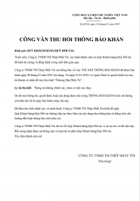 C&Ocirc;NG VĂN THU HỒI TH&Ocirc;NG B&Aacute;O KHẨN