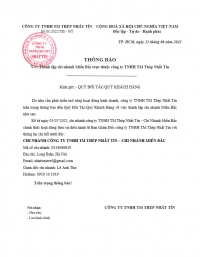 TH&Ocirc;NG B&Aacute;O V/V TH&Agrave;NH LẬP CHI NH&Aacute;NH MIỀN BẮC TRỰC THUỘC C&Ocirc;NG TY TNHH TM TH&Eacute;P NHẤT T&Iacute;N